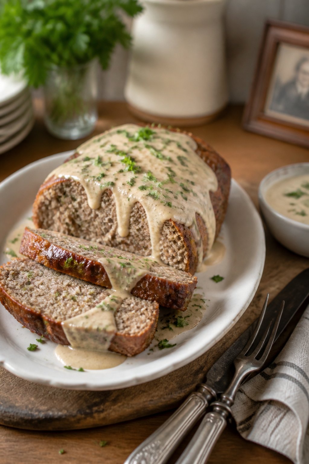 Ina Garten Meatloaf With Garlic Sauce Recipe close-up, ready to serve