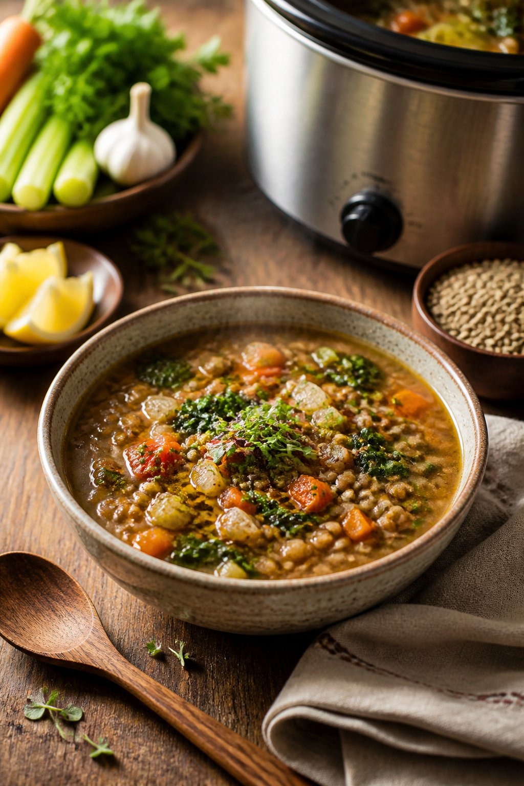 The Best Detox Crockpot Lentil Soup Recipe close-up, ready to serve