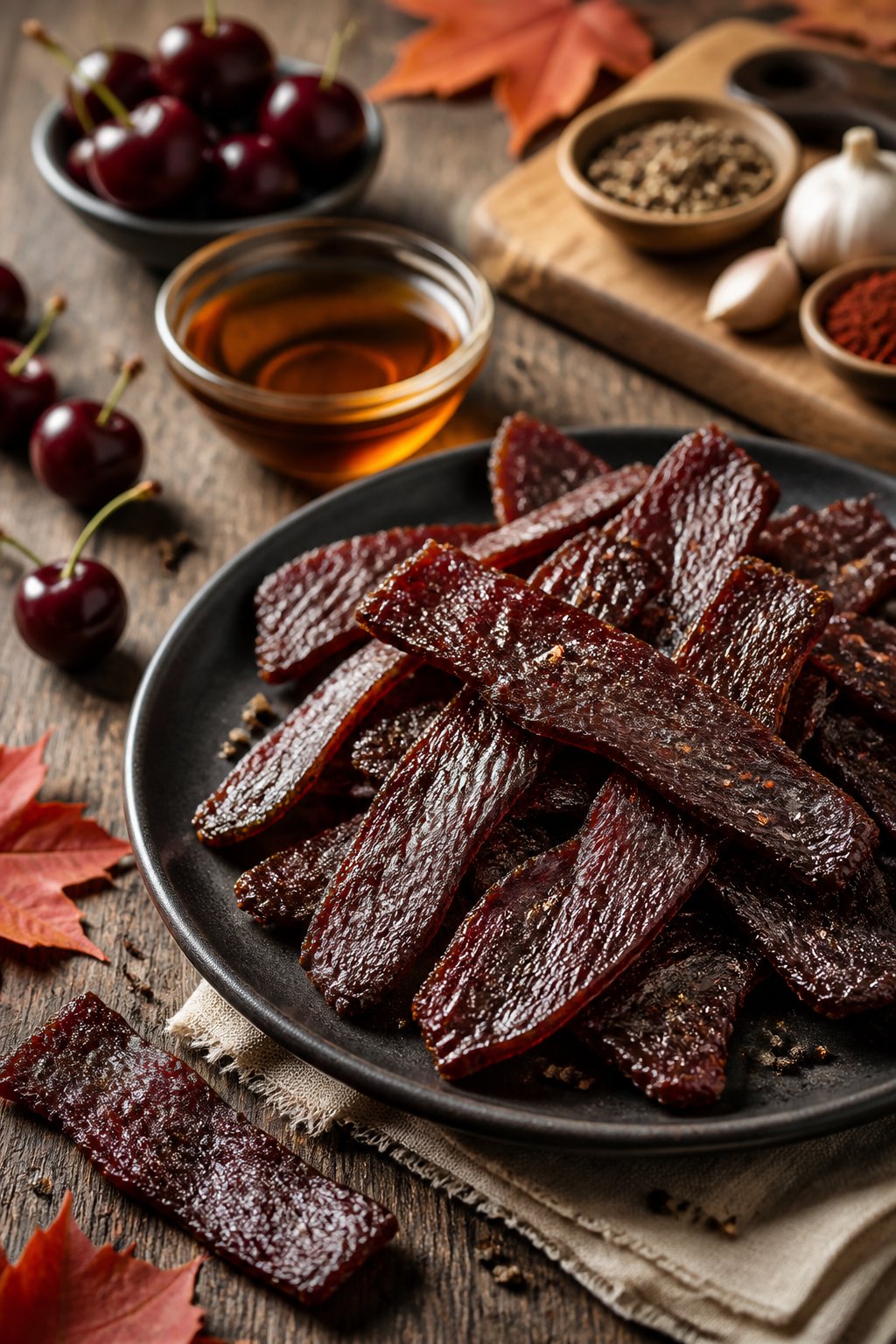 Cherry Maple Beef Jerky Recipe close-up, ready to serve
