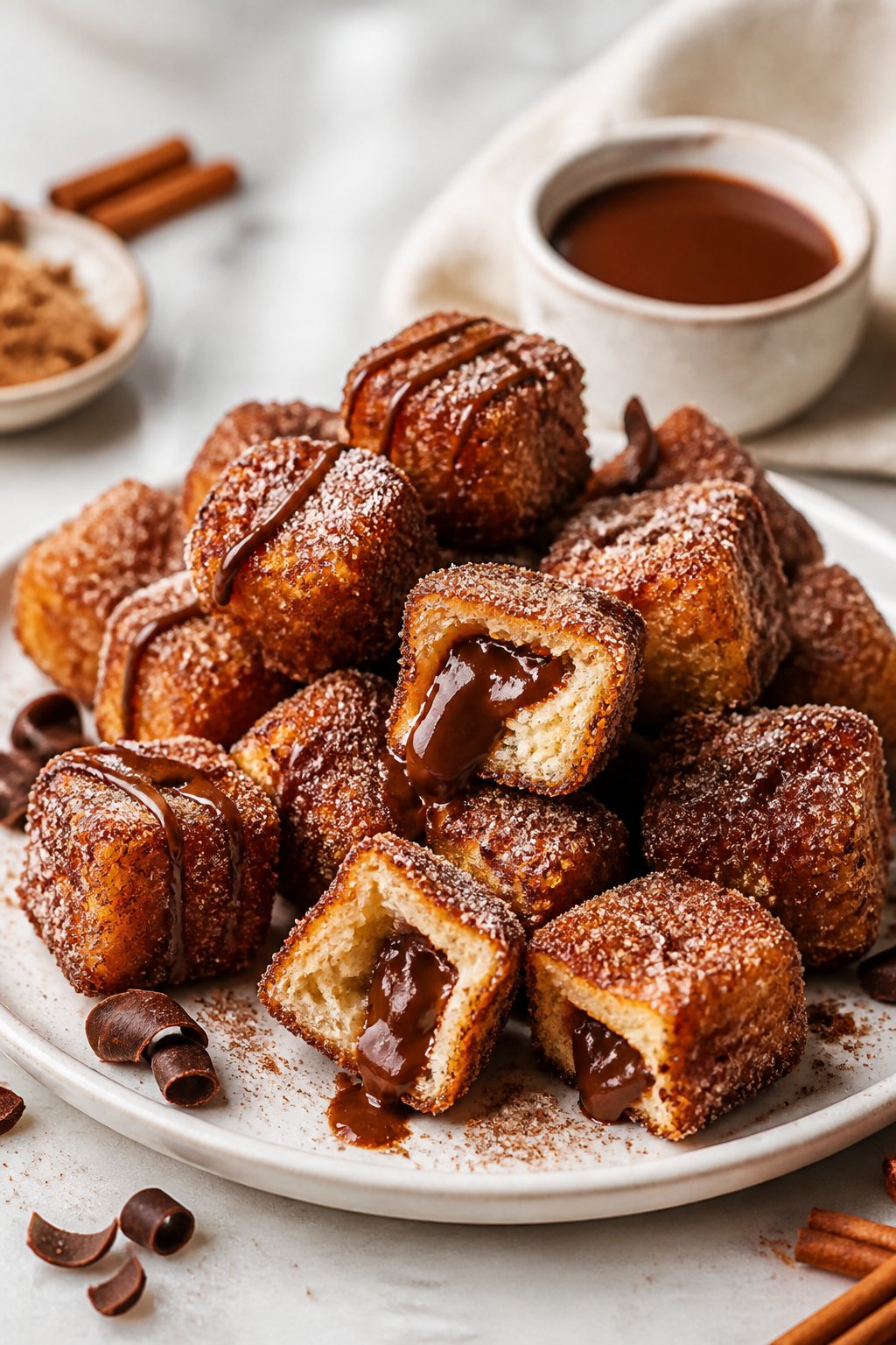 Chocolate Churro French Toast Bites Recipe close-up, ready to serve