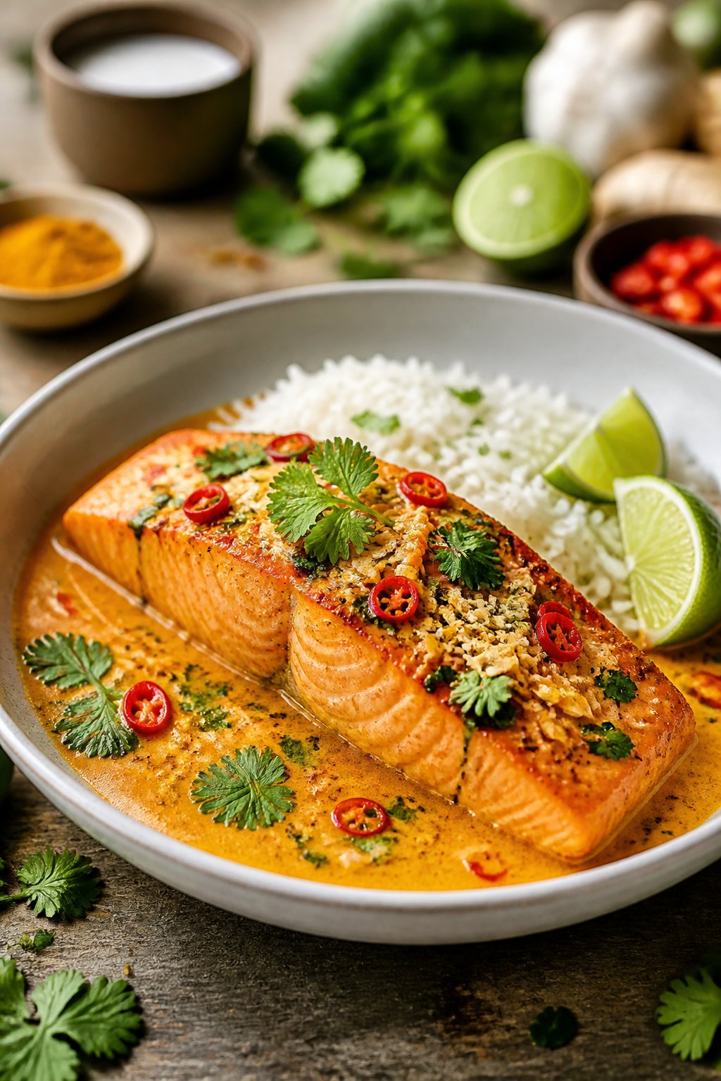 Coconut Curry Salmon Recipe close-up, ready to serve
