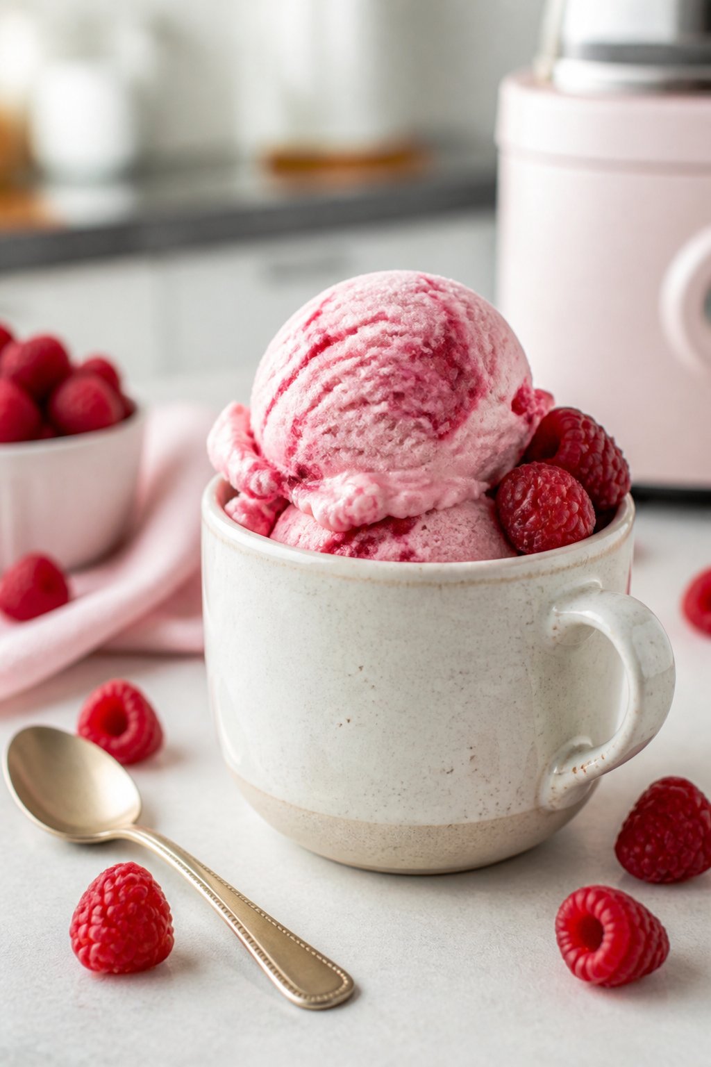 Dash My Mug Raspberry Ice Cream Recipe close-up, ready to serve