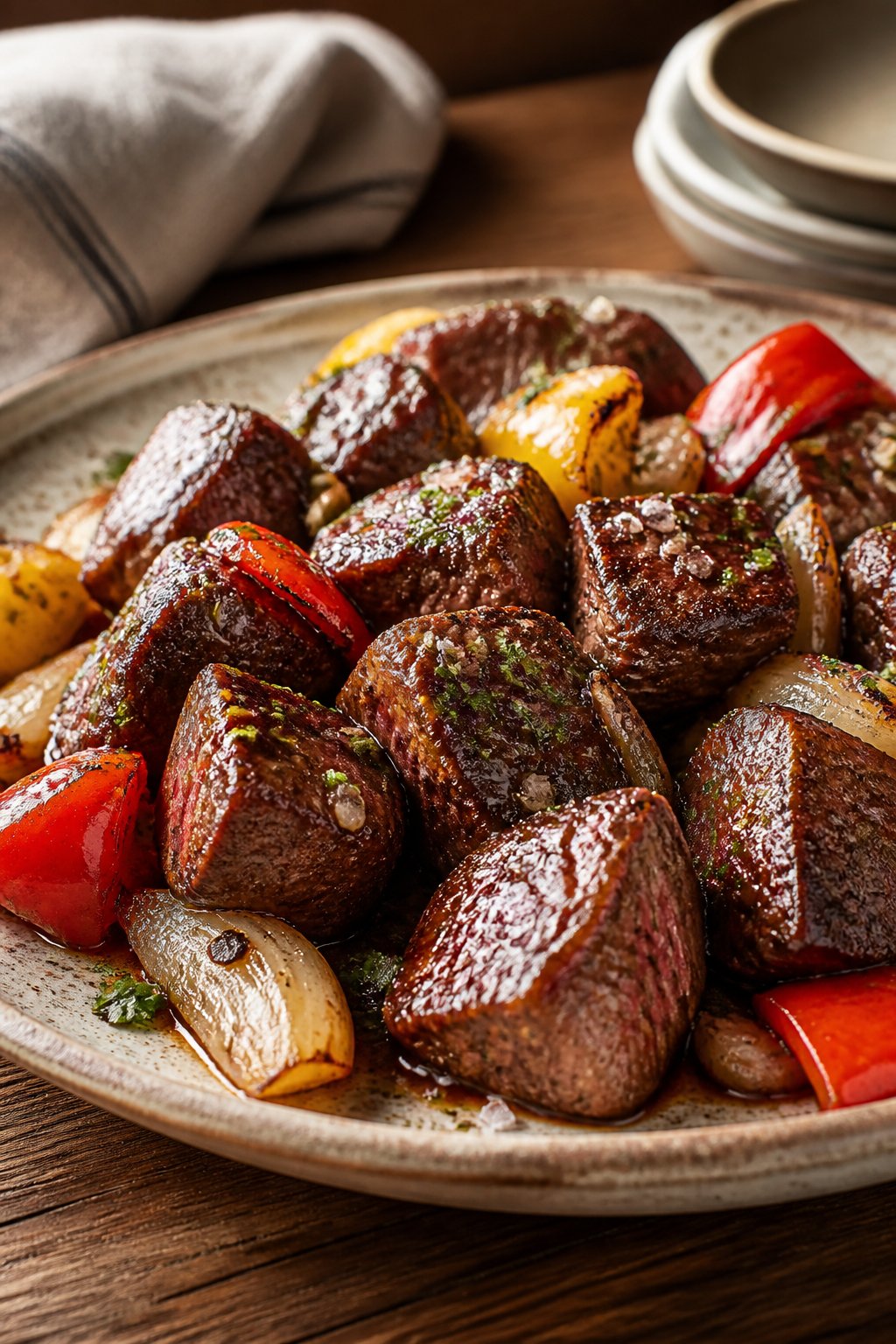 Doms Steak Tips Recipe close-up, ready to serve