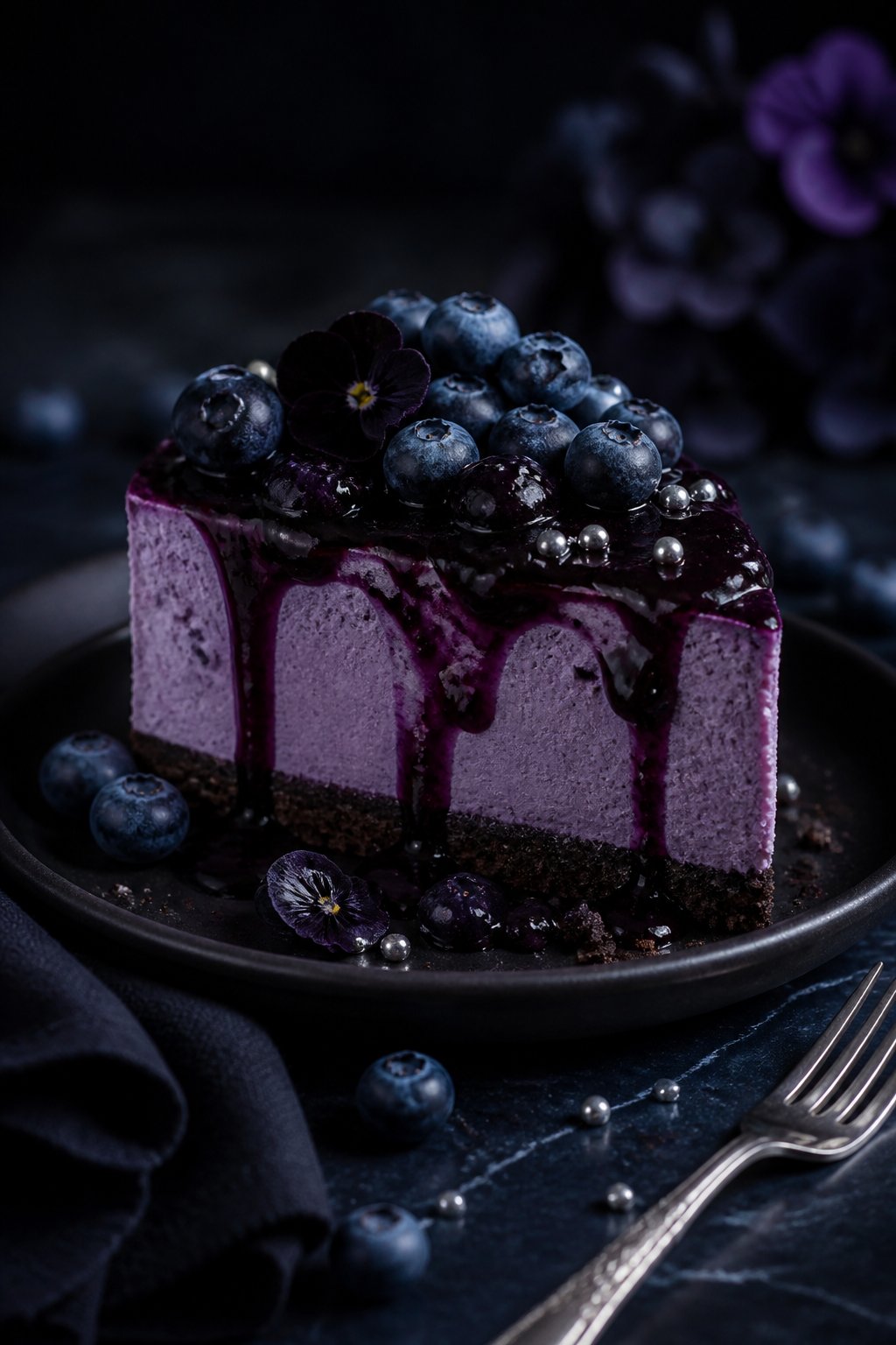 Gothic Blueberry Cheesecake Recipe close-up, ready to serve