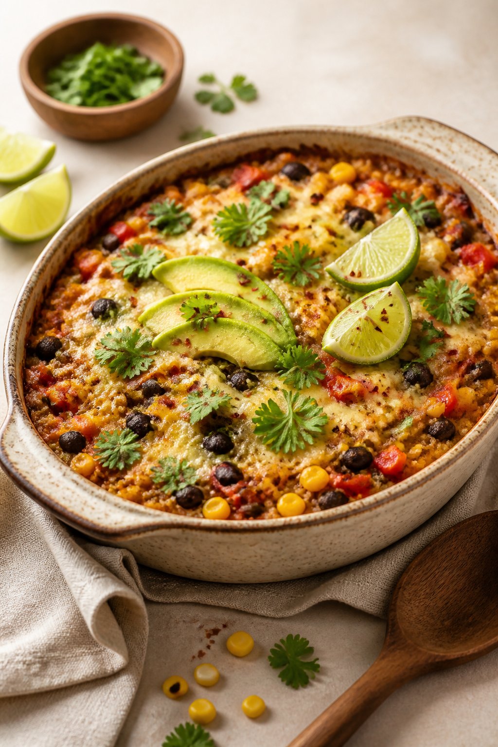 Healthy Mexican Casserole With Roasted Corn And Peppers Recipe close-up, ready to serve