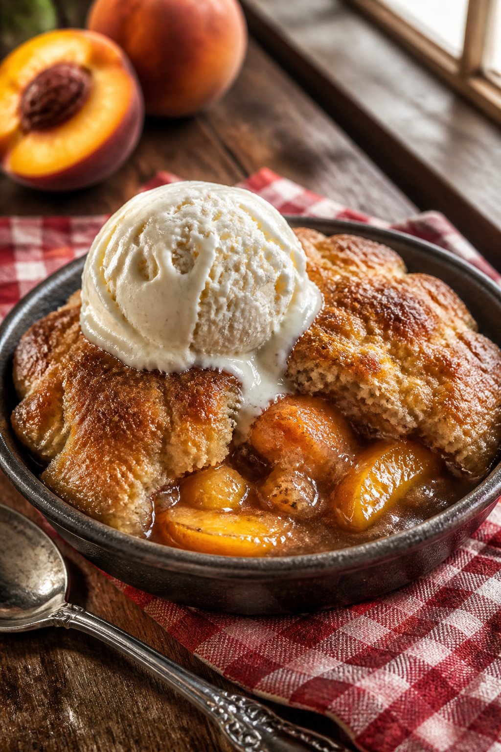 Mission Bbq Peggys Peach Cobbler Recipe close-up, ready to serve