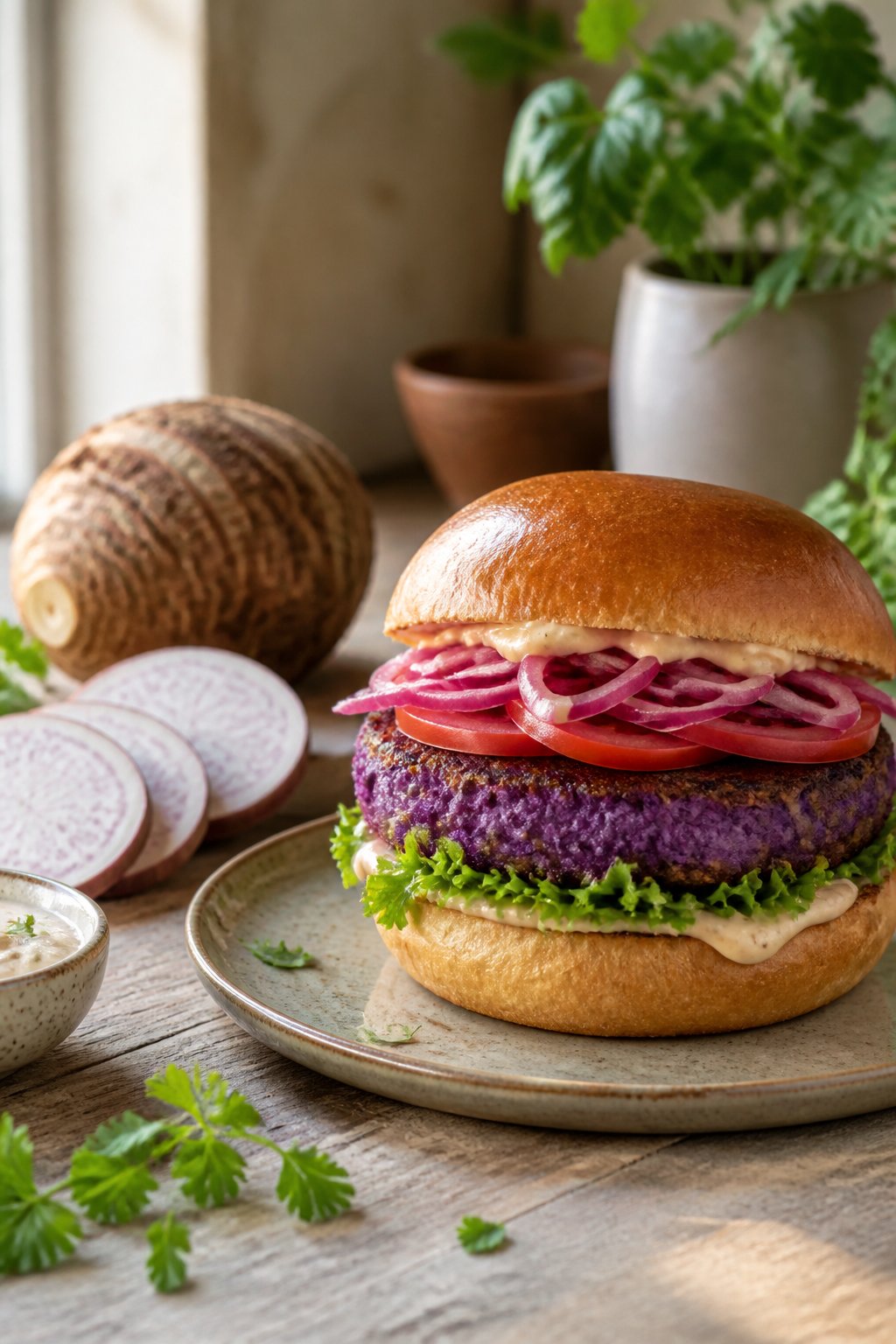 Taro Burger Recipe close-up, ready to serve