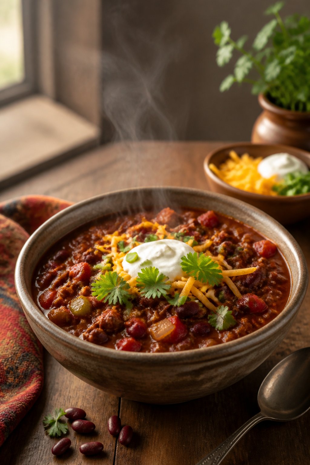 Wards Chili Recipe close-up, ready to serve